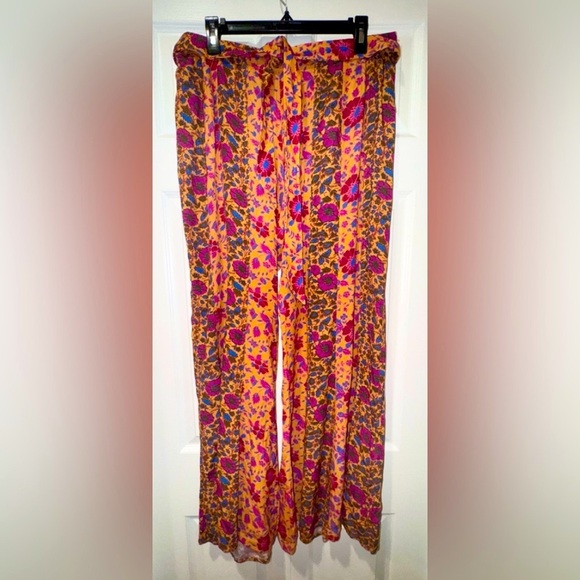 Free People Pants Bail Sultry Bohemian Flare Floral Belted Cottage NWOT Sz L - Picture 2 of 16